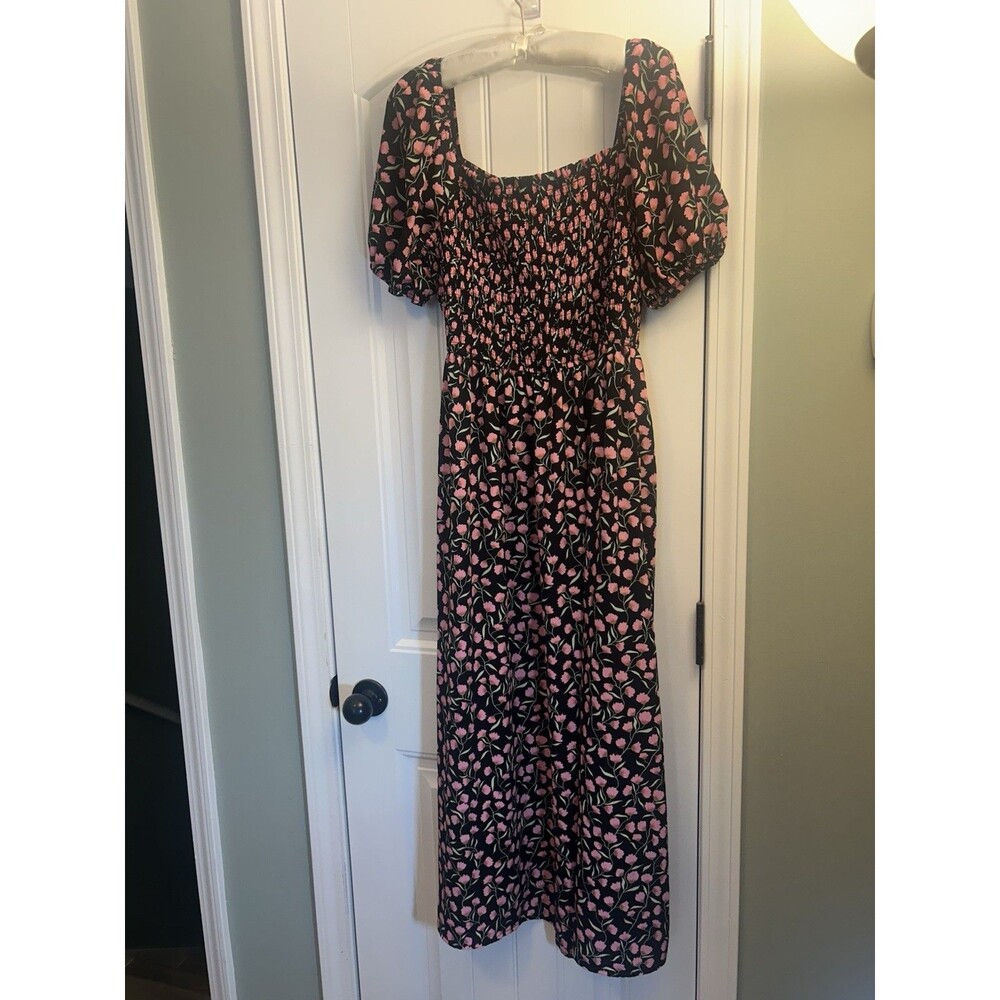 BTFBM Floral Smocked Cottagecore Maxi Dress Puff Sleeve Black Pink Large - Picture 2 of 12